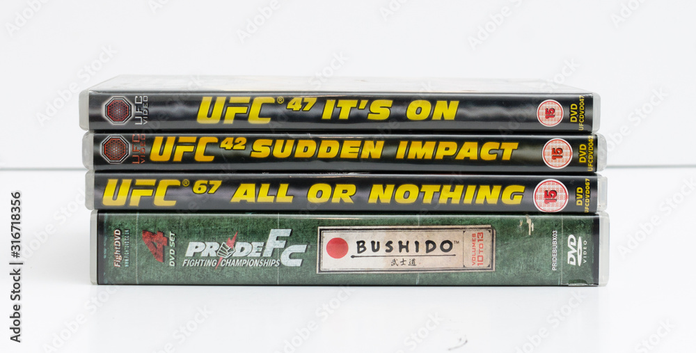 london, england, 05/05/2018, Mixed martial arts UFC mma vintage retro dvd  collection UFC 67 42 47 anderson silva, pride fc, rampage jackson, mirko  cro cop, liddell, ortiz Stock Photo | Adobe Stock