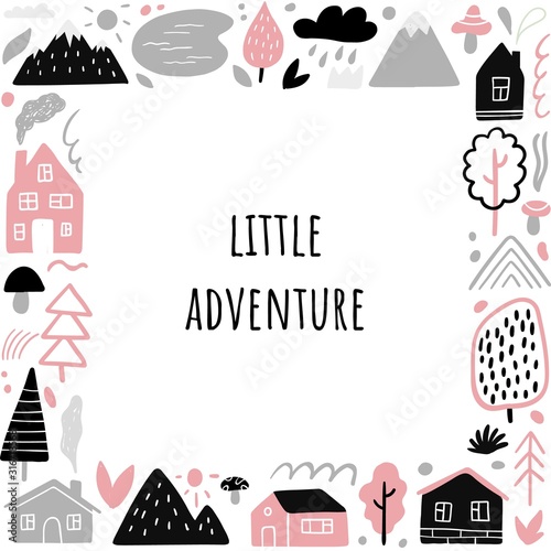 Cute frame on travel theme with text Little Adventure. Vector illustration with country houses  mountains  trees  sun  rain and other nature and outdoor elements.