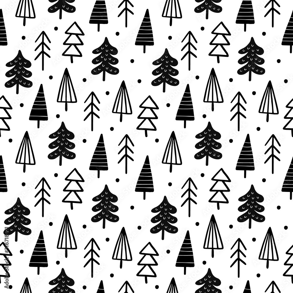 Obraz premium Monochrome woodland seamless pattern. Modern Vector Illustration with different trees. Good for postcard, wallpaper, background, sites, print or embroidery.