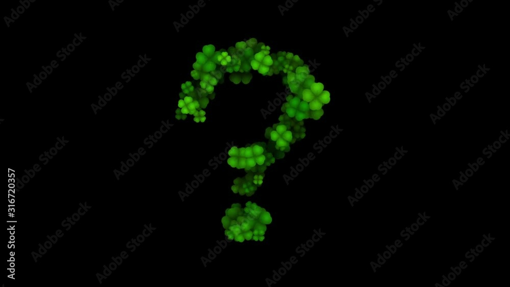 Clover question symbol reveal on black background Clover question symbol reveal on black background