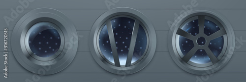 Porthole in spaceship, metal round windows in rocket with view to cosmos. Vector realistic illustration on shuttle interior with stars in outer space behind the transparent glass of illuminators