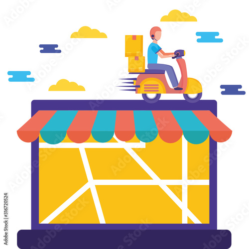 logistic delivery service with laptop and courier