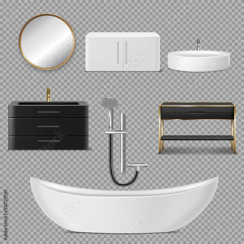 Bath, shower, mirror and sink. Vector realistic furniture for bathroom interior in home or hotel with round mirror in golden frame and black closet under wachbasin isolated on transparent background