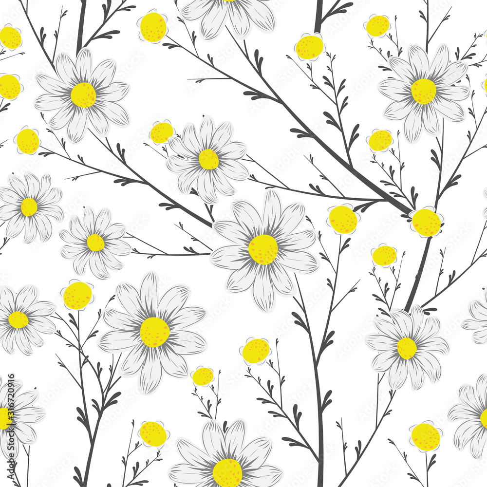 Naklejka Grayscale bouquet chamomile seamless white background
