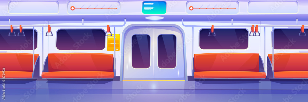 Subway train car inside. Empty metro wagon interior. Vector cartoon  illustration of underground railway carriage with closed doors, comfortable  passenger seats and handrails. City public transport Векторный объект Stock  | Adobe Stock