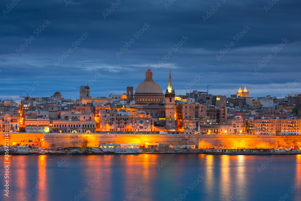 Architecture of Valletta, the capital of Malta at dusk.