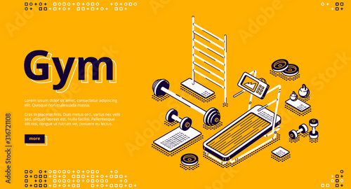 Gym isometric landing page, fitness equipment and stuff treadmill, barbell and dumbbells, empty room for workout training on yellow background, 3d vector illustration in line art style, web banner