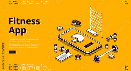 Fitness app isometric landing page. Gym equipment around huge smartphone with pie chart on screen, workout training application on yellow background, 3d vector illustration, line art style, web banner