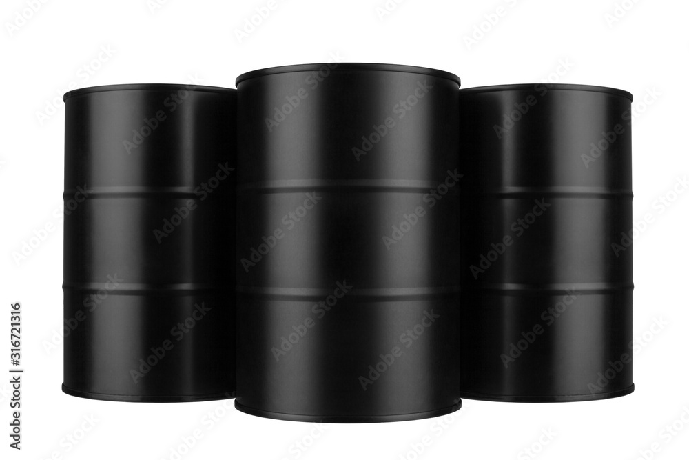 Three black metal barrels isolated close up, white background, oil drum,  steel keg, tin canister, aluminium cask, petrol storage package, fuel  container, gasoline tank, oil production industry concept Stock Photo |  Adobe