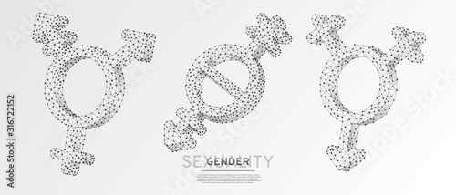 Pangender, Bisexual, Transgender symbol set. Low poly, wireframe, digital 3d vector illustration. Men and women sexuality concept on white origami background. Abstract polygonal LGBT sign