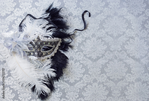 elegant silver background with silver venetian mask and white and black feathers