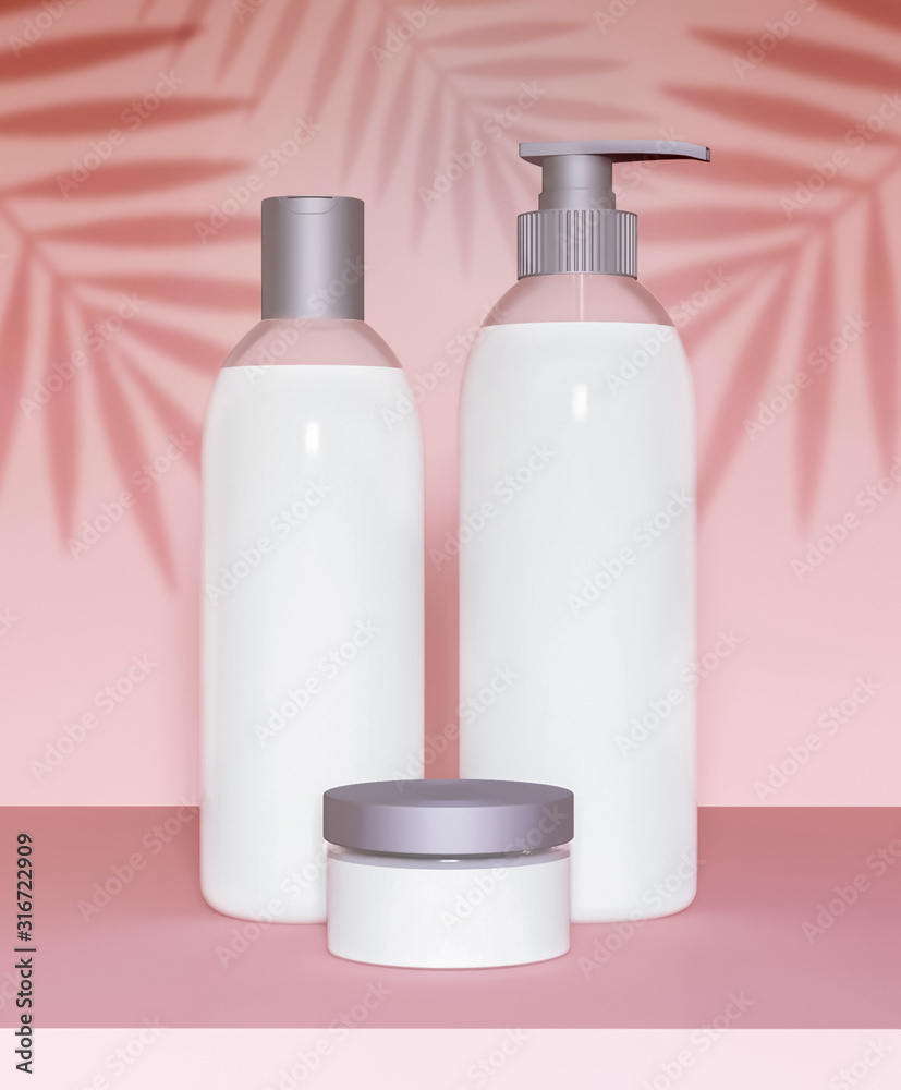 Mockup kit containers for cosmetics on a pink background - 3D illustration Mockup kit containers for cosmetics on a pink background - 3D illustration
