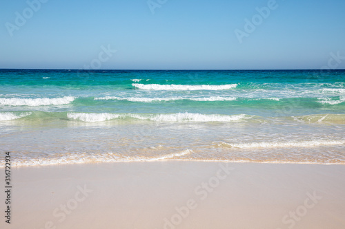 Cloudless sky over a colorful sea with diferent colors aquamarine turquoise dakr blue azure with waves prducing white foam crushing against a yellow beach summer sumertime sunny calm water tranquil