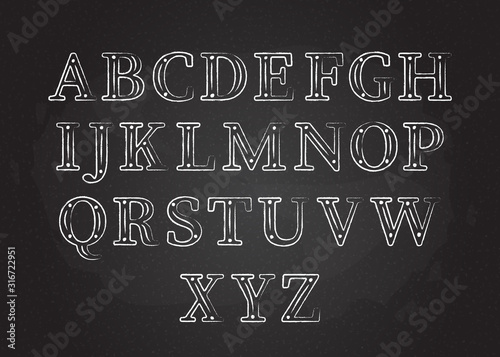 Chalk font ABC collection vector illustration. White contour chalk style uppercase letters with dots and bullets elements on blackboard in alphabet collection for educational decoration.
