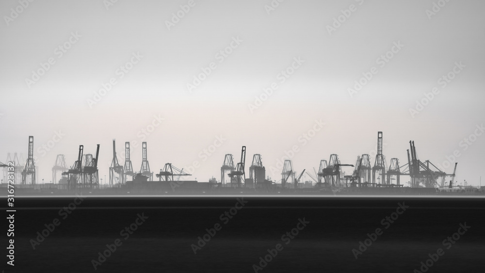 Commercial port silhouette in the horizon with cranes, long exposure