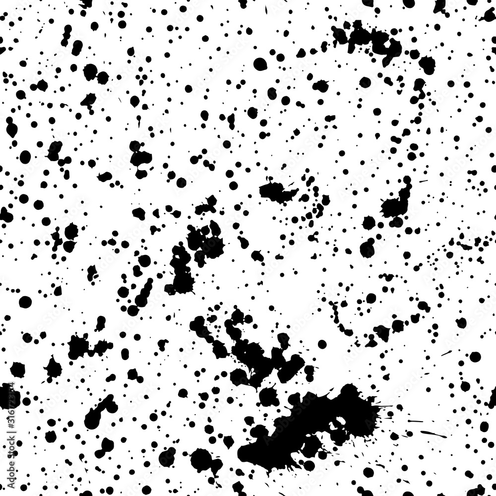 Ink splashes seamless pattern. Black and white spray texture