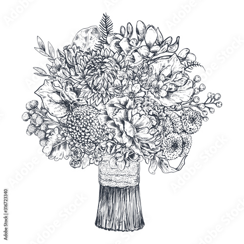 Floral composition. Bradal bouquet with beautiful hand drawn flowers, plants, ribbon. Monochrome vector illustration in sketch style