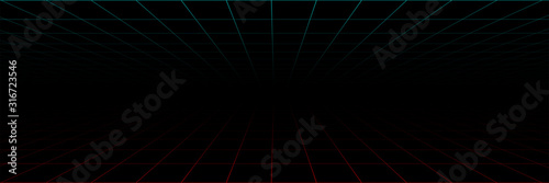 Grid lines in perspective. Abstract background. Grid seamless pattern background. Panorama view. Neon background with laser grid in design 80s. Perspective grid in red and green color. Vector 