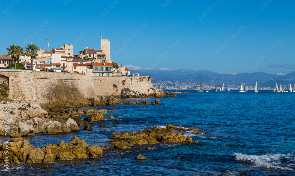 France. Provence. French Riviera. Cote d'Azur. Antibes. Seafront of old historic center of town. View from the sea