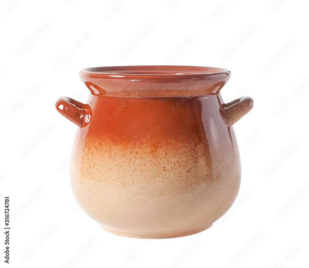 Brown clay pot without a lid on a white background