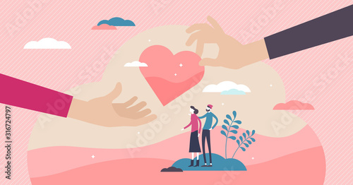 Doing good volunteering concept, flat tiny persons couple and hands giving heart symbol