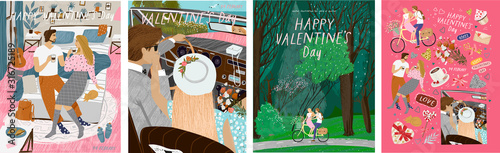 Happy Valentine's day! Vector illustration for the holiday of love - February 14th. Drawings of a couple at home, newlyweds in a retro car and lovers on a bicycle in nature