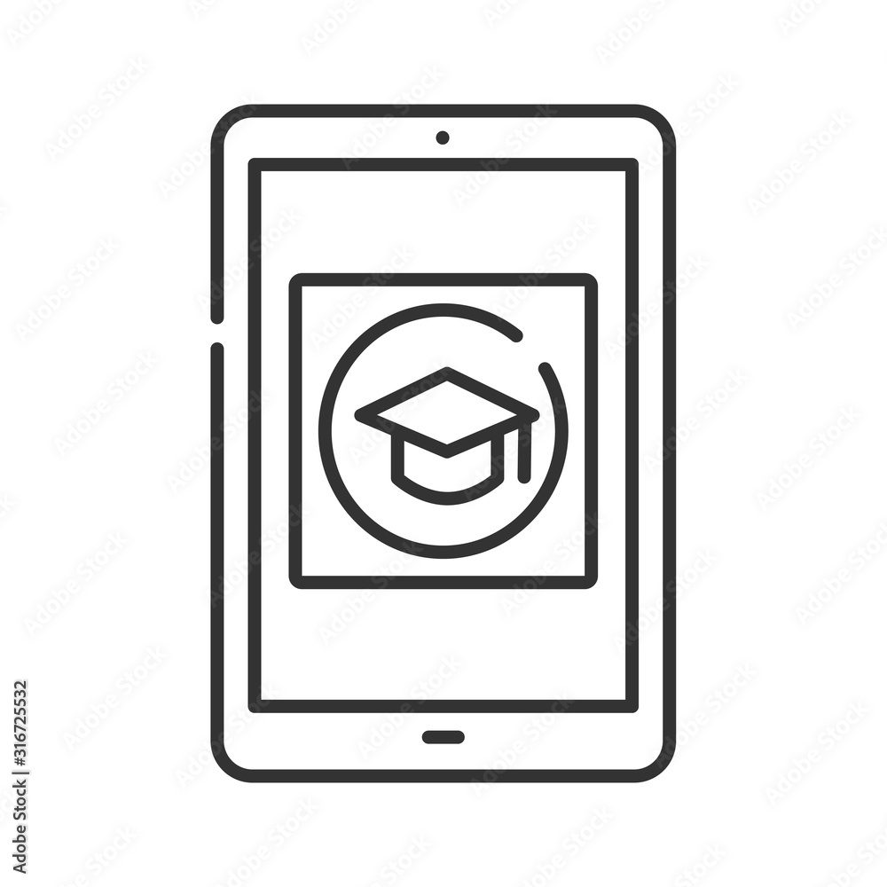 E-learning app in tablet black line icon. Online education website concept. Study program, courses app. User interface display. Sign for web page, mobile app, button, logo. Editable stroke. E-learning app in tablet black line icon. Online education website concept. Study program, courses app. User interface display. Sign for web page, mobile app, button, logo. Editable stroke.