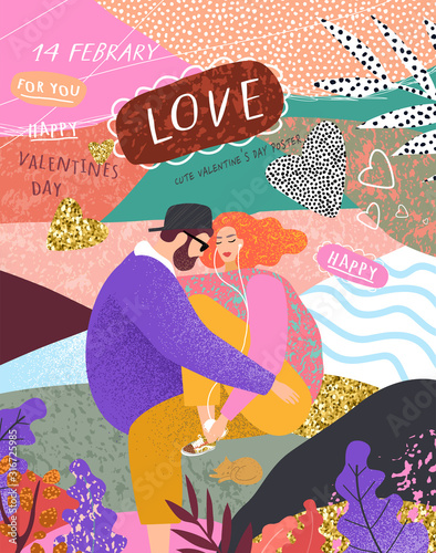 Happy Valentine's Day! Vector cute illustration of a couple in love for background, card or poster. Abstract trendy modern print for the holiday.
