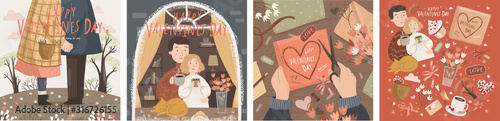 Happy Valentine's day! Vector illustration for the spring holiday of love - February 14th. Drawings of couple with coffee. Home by the window, kissing on a date and creating a heart on the table.