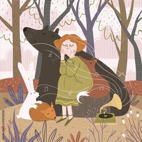 Hello spring and summer! Cute vector illustration of a girl and animals in the forest listening to music. Drawing of a hare, bear, fox and fairy in nature near the gramophone