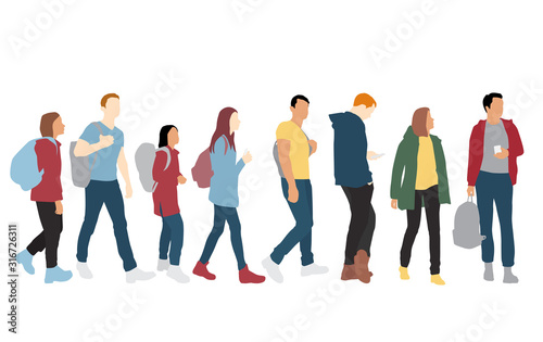 Silhouettes of men and women with backpack and smart phone, different colors, cartoon character, group of standing and waiking business people, flat icon design concept isolated on white background