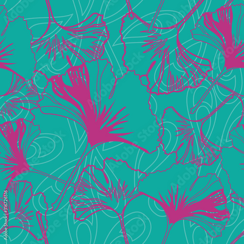 Vector seamless pattern ginko wax with pink ginkgo leaves and turquoise background