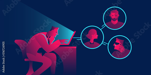 Remote team, conference, chat business concept in red and blue neon gradients
