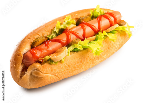 Tasty hot dog on white background