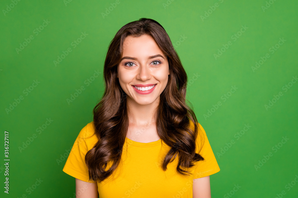 Close-up portrait of her she nice attractive lovely pretty cute cheerful cheery wavy-haired girl college high school student isolated over bright vivid shine vibrant green color background Close-up portrait of her she nice attractive lovely pretty cute cheerful cheery wavy-haired girl college high school student isolated over bright vivid shine vibrant green color background