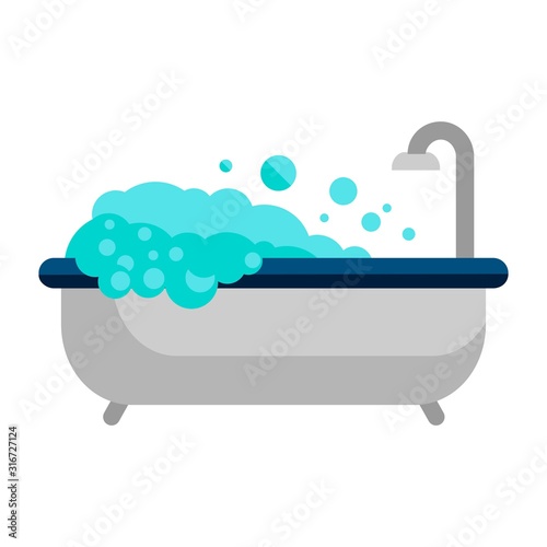 Bathtub with foam bubbles inside isolated on white background. Bath time in flat style vector illustration