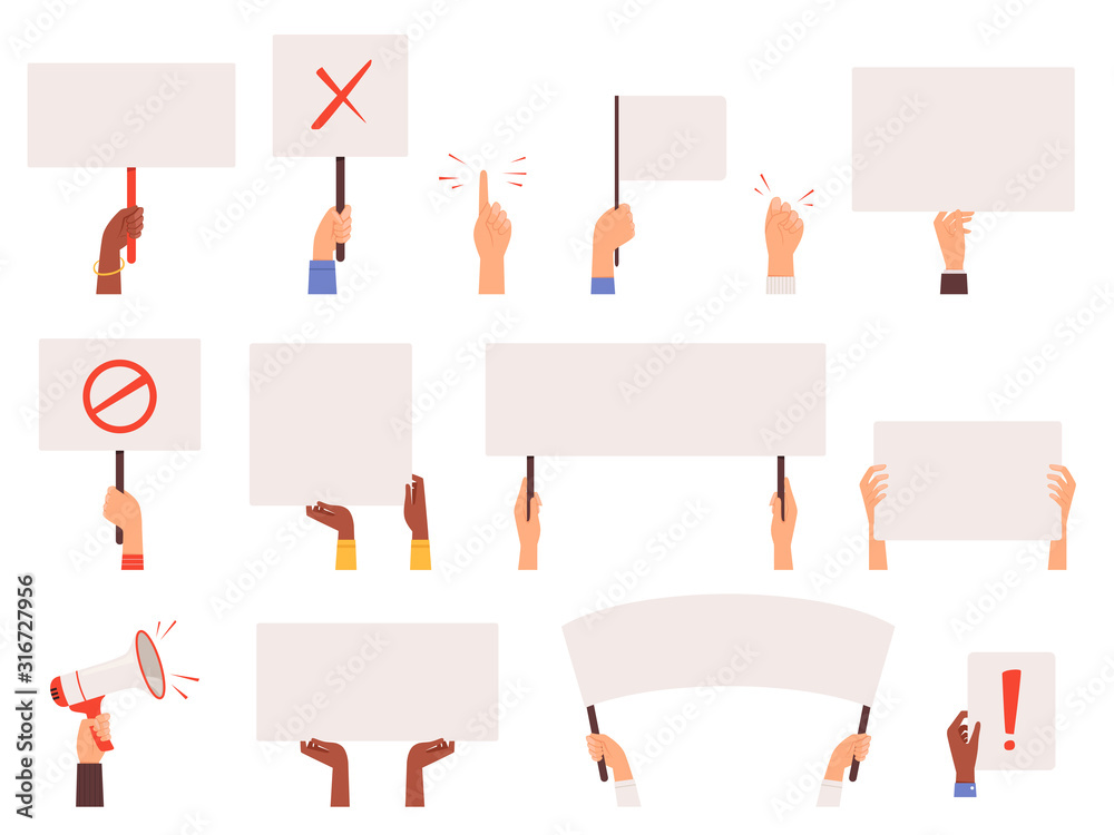 Protesters banners. Holding hands politics picket blank signs manifestation vector collection. Manifestation protest, holding demonstration placard illustration