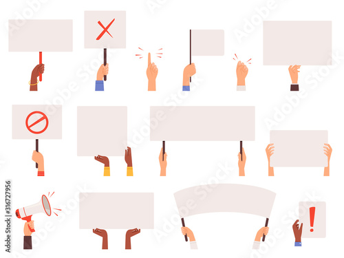 Protesters banners. Holding hands politics picket blank signs manifestation vector collection. Manifestation protest, holding demonstration placard illustration