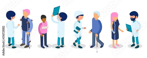 Doctors, disabled people. Disabilities persons isometric. Injury invalids defective men women kid, medical staff vector 3d people. Doctors and disabled people illustration