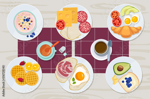 Healthy breakfast. Food daily menu cheese biscuits milk juice eggs butter meal vector cartoon products collection. Breakfast sandwich, cheese and butter, bread and meal illustration