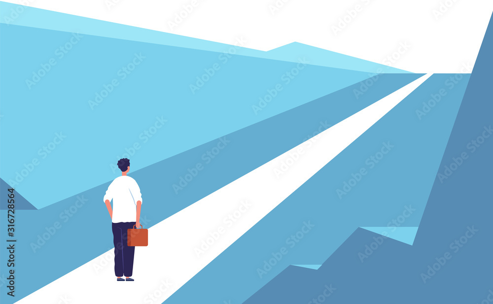 New journey concept. Highway road abstract person standing outdoor business opportunities vector flat background. Career new way, businessman journey to opportunity illustration