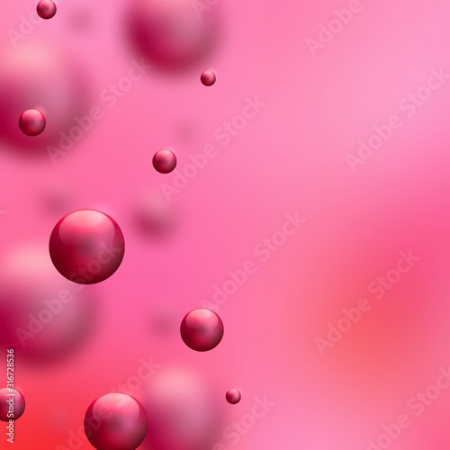 Abstract pink molecules, beads or drops of bright pink paint. Soft blur background. Simple pattern abstract.