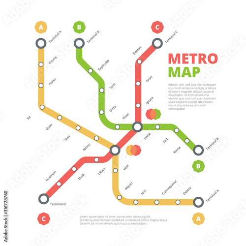Metro map. City railway road direction transportation route urban lines vector colored scheme. Road railway, station and direction illustration