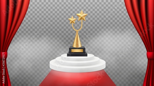 Award background. Golden trophy on white podium and red carpet and curtains. Vector realistic award winning backdrop. Vip celebrity event, triumph and success illustration