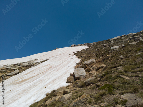 Snow patches at Kosciuszko with blue sky on summer day.