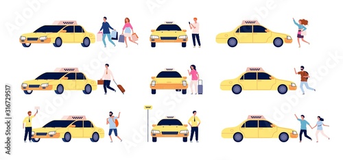 Characters and taxi. Person car passengers and taxi driver standing near car vector taxi service flat set. Passenger taxi, profession, driver auto illustration