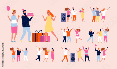 Birthday people. Happy party characters family celebration dancing have a fun balloons and cake vector set. Party birthday with cake and gifts illustration