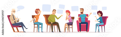 Group therapy. Crowd sitting dialogue with therapist emotional conversation patient with doctor psychology problems vector concept. Psychoanalysis conversation, group psychotherapy illustration