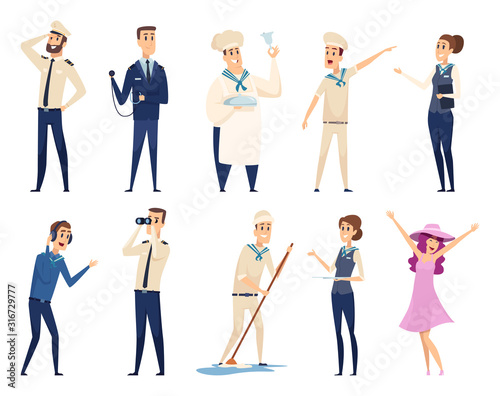 Sea cruise. Sailing captain shipping officer navigating crew ocean travel team vector characters. Illustration crew cruise, seaman and boatswain
