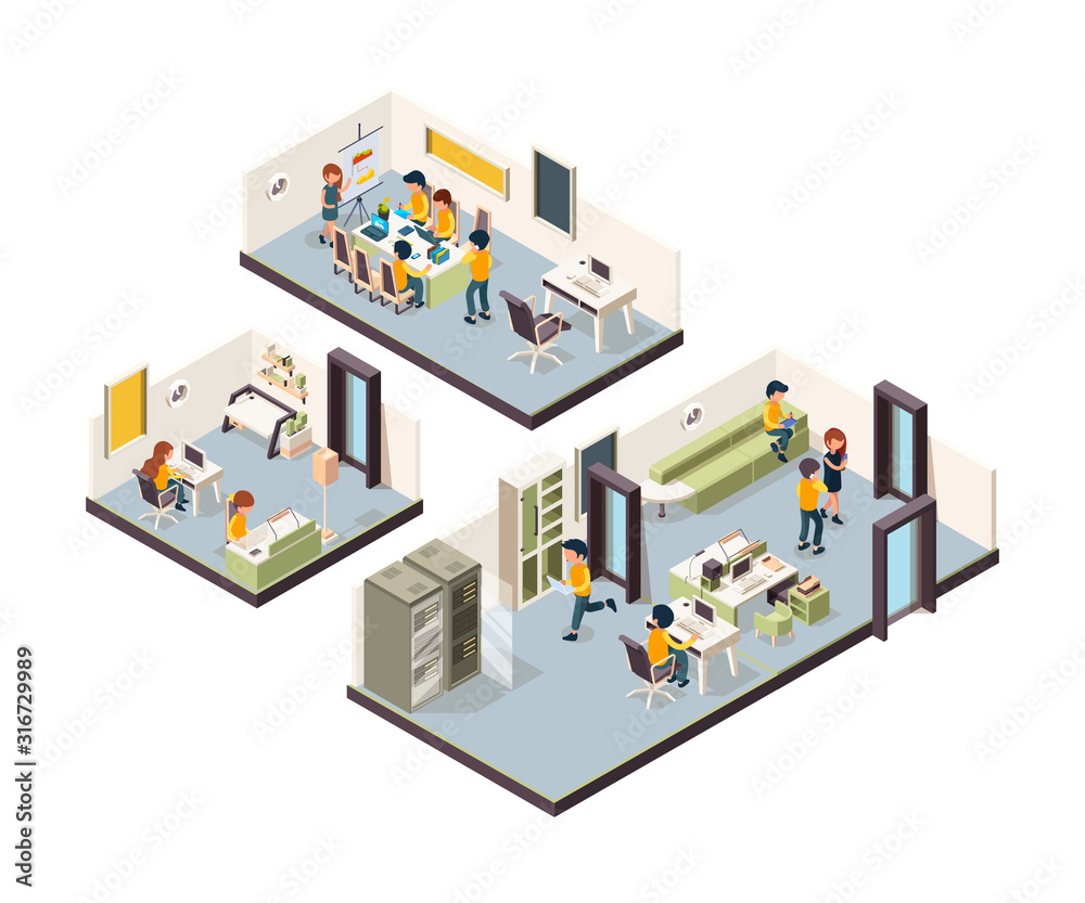 Fototapeta premium Coworking isometric. Corporate office interior open space creativity managers meeting groups freelancers talking vector low poly. Coworking layout open office, corporate workplace illustration